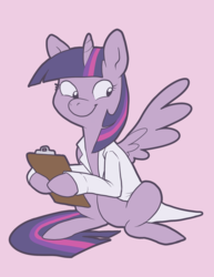 Size: 1487x1925 | Tagged: safe, artist:pixel-prism, twilight sparkle, alicorn, pony, g4, clipboard, clothes, everyone is an alicorn, female, lab coat, mare, simple background, solo, twilight sparkle (alicorn)