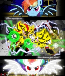 Size: 766x900 | Tagged: safe, artist:brodogz, rainbow dash, g4, a new dawn, city, comic, commission, crossover, fanfic art, male, shadow the hedgehog, sonic the comic, sonic the hedgehog, sonic the hedgehog (series), super rainbow dash, super shadow, super sonic