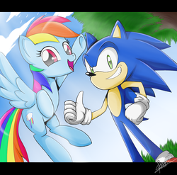 Size: 1181x1168 | Tagged: safe, artist:the-butch-x, rainbow dash, pegasus, pony, g4, crossover, cutie mark, duo, female, letterboxing, male, mare, smiling, sonic the hedgehog, sonic the hedgehog (series), thumbs up