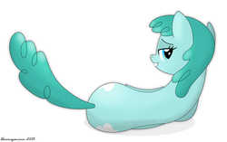 Size: 3389x2135 | Tagged: safe, artist:bluemeganium, spring melody, sprinkle medley, pegasus, pony, g4, back, bedroom eyes, both cutie marks, butt, female, grin, high res, looking at you, looking back, looking back at you, lying down, mare, on side, plot, rear view, signature, simple background, smiling, solo, white background