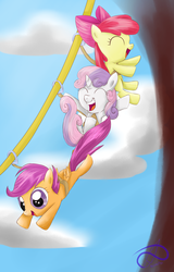 Size: 2361x3687 | Tagged: safe, artist:poisonicpen, apple bloom, scootaloo, sweetie belle, g4, cutie mark crusaders, cutie mark crusading, zip line