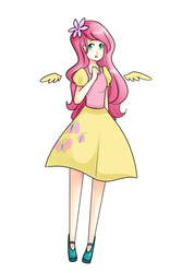 Size: 1000x1500 | Tagged: safe, artist:coffeecat, fluttershy, human, g4, clothes, dress, female, floating wings, humanized, pixiv, simple background, solo, white background, winged humanization