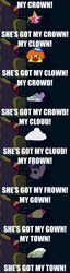 Size: 500x1968 | Tagged: safe, edit, sunset shimmer, twilight sparkle, pony, equestria girls, g4, big crown thingy, caption, cloud, cloudy, clown, element of magic, homonyms, image macro, meme, rhyme, text