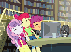 Size: 368x270 | Tagged: safe, screencap, apple bloom, scootaloo, sweetie belle, equestria girls, g4, my little pony equestria girls, animated, clothes, computer, cutie mark crusaders, dancing, female, library, monitor, speaker, speed up, trio, trio female