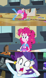 Size: 500x843 | Tagged: safe, screencap, pinkie pie, rarity, equestria girls, g4, balloon, boots, bracelet, clothes, high heel boots, jewelry, messy hair, skirt
