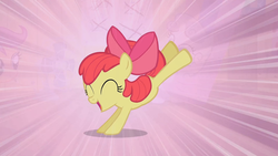 Size: 1280x720 | Tagged: safe, screencap, apple bloom, scootaloo, sweetie belle, earth pony, pony, g4, the show stoppers, adorabloom, bucking, cute, eyes closed, female, filly, happy, solo focus