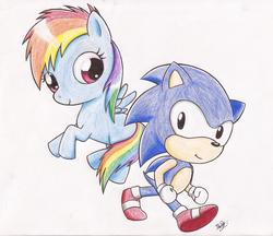 Size: 1967x1700 | Tagged: safe, artist:ilsepurplethecat, rainbow dash, pony, g4, classic sonic, crossover, filly, foal, male, sonic the hedgehog, sonic the hedgehog (series), traditional art