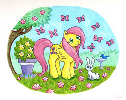 Size: 1200x951 | Tagged: safe, artist:kaikaku, angel bunny, fluttershy, bird, butterfly, g4, flower, tree