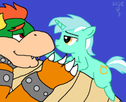 Size: 630x512 | Tagged: dead source, safe, artist:weaselbear, lyra heartstrings, g4, bowser, crack shipping, crossover, crossover shipping, female, larger male, lidded eyes, looking at each other, looking at someone, male, mare, shipping, simple background, size difference, smaller female, straight, super mario, wat, why