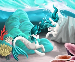 Size: 3000x2475 | Tagged: safe, artist:varaann, oc, oc only, oc:dew droplet, earth pony, hippocampus, merpony, pony, duality, underwater