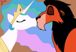 Size: 745x512 | Tagged: safe, artist:weaselbear, princess celestia, g4, crack shipping, crossover, crossover shipping, female, kissing, male, scar, scar (the lion king), shipping, straight, the lion king