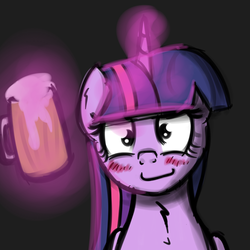 Size: 2000x2000 | Tagged: safe, artist:natipie, twilight sparkle, pony, g4, blushing, bust, dark background, drunk, drunk twilight, female, glowing horn, horn, magic, mare, reaction, smiling, solo, telekinesis