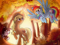 Size: 1024x772 | Tagged: safe, artist:namiwami, applejack, rainbow dash, winona, g4, chest fluff