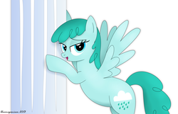 Size: 3600x2317 | Tagged: safe, artist:bluemeganium, spring melody, sprinkle medley, pony, g4, bedroom eyes, belly, column, female, leaning, looking at you, simple background, solo, spread wings, wingboner