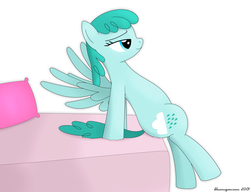 Size: 3600x2771 | Tagged: safe, artist:bluemeganium, spring melody, sprinkle medley, pony, g4, bed, bedroom eyes, bipedal leaning, female, pillow, simple background, solo, spread wings, wingboner