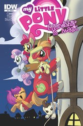 Size: 1000x1518 | Tagged: safe, artist:amy mebberson, idw, apple bloom, big macintosh, pound cake, pumpkin cake, scootaloo, sweetie belle, earth pony, pegasus, pony, unicorn, friendship is magic #9, g4, my little pony: friendship is magic (idw), adventures in babysitting, cake twins, cover, cutie mark crusaders, female, filly, foal, horn, male, stallion