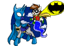 Size: 285x208 | Tagged: safe, artist:shoutitout01, pipsqueak, princess luna, g4, batman, batman and robin, crossover, parody, pixel art, robin