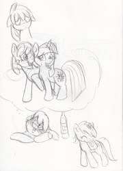 Size: 2264x3136 | Tagged: dead source, safe, artist:enigmaticfrustration, berry punch, berryshine, cheerilee, ruby pinch, twilight sparkle, earth pony, pony, unicorn, g4, drunk, female, imagination, lesbian, ship:cheerilight, shipping, sketch, sketch dump, traditional art, unicorn twilight