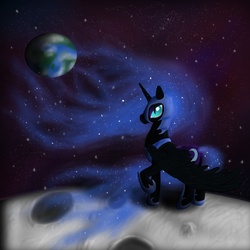 Size: 1800x1800 | Tagged: safe, artist:the-laughing-horror, nightmare moon, g4, banishment, earth, female, moon, solo, space