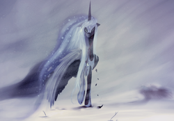 Size: 1003x697 | Tagged: dead source, safe, artist:confix, nightmare moon, princess luna, g4, blood, injured, snow, snowfall, solo, transformation