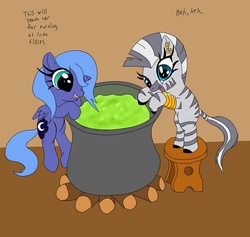 Size: 1621x1539 | Tagged: safe, artist:the-laughing-horror, princess luna, zecora, zebra, g4, cauldron, duo, young