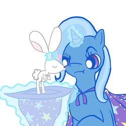Size: 1300x1300 | Tagged: artist needed, safe, trixie, rabbit, g4, :t, bunny out of the hat, glowing horn, hat, heart, horn, kissing, magic, magic trick, simple background, telekinesis, trixie's cape, trixie's hat, white background