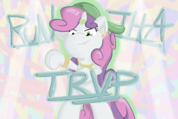 Size: 1500x1000 | Tagged: safe, artist:bobdude0, sweetie belle, pony, unicorn, g4, backwards ballcap, baseball cap, bipedal, bling, cap, female, filly, gangsta, hat, horn, horn ring, jewelry, solo, text