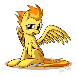 Size: 2600x2600 | Tagged: safe, artist:rb-d, spitfire, pegasus, pony, g4, female, looking at you, open mouth, open smile, raised hoof, simple background, sitting, smiling, solo, white background