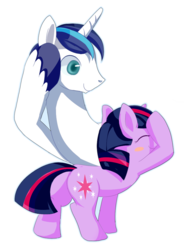 Size: 768x1041 | Tagged: safe, artist:sion, shining armor, twilight sparkle, g4, filly, non-euclidean, pixiv, playing