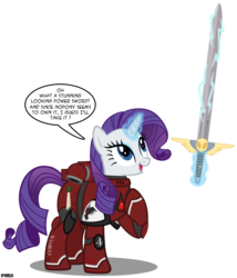 Size: 2400x2800 | Tagged: safe, artist:a4r91n, rarity, pony, unicorn, g4, blood ravens, bloody magpies, crossover, female, magic, magic aura, mare, power armor, power sword, powered exoskeleton, psyker, purity seal, simple background, solo, space marine, speech bubble, sword, telekinesis, transparent background, vector, warhammer (game), warhammer 40k