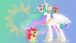 Size: 1024x576 | Tagged: safe, apple bloom, princess celestia, scootaloo, sweetie belle, g4, cutie mark crusaders, wallpaper
