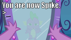 Size: 738x416 | Tagged: safe, edit, spike, dragon, equestria girls, g4, image macro, magic mirror, male, meme, mirror, reflection, solo, what do