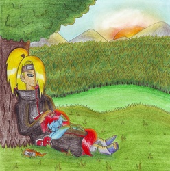 Size: 3208x3230 | Tagged: safe, artist:speedfeather, oc, human, crossover, deidara, duo, naruto, traditional art