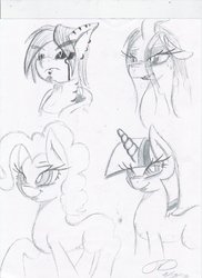 Size: 850x1170 | Tagged: safe, artist:digitaldomain123, pinkie pie, queen chrysalis, twilight sparkle, oc, g4, monochrome