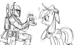 Size: 1345x817 | Tagged: safe, artist:herny, applejack, earth pony, human, pony, g4, blushing, boba fett, bobajack, crossover, crossover shipping, female, male, mare, marriage proposal, monochrome, ring, shipping, star wars, straight