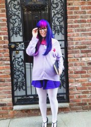 Size: 605x845 | Tagged: safe, artist:mintyblitzz, twilight sparkle, human, g4, clothes, cosplay, female, irl, irl human, pantyhose, photo, solo