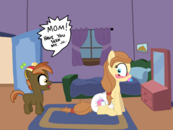 Size: 2816x2112 | Tagged: safe, artist:allthestuffilike94, button mash, oc, oc:cream heart, earth pony, pony, button's adventures, g4, ageplay, awkward, bed, bedroom, blue eyes, blushing, brown mane, caught, colt, curtains, cute, diaper, diaper fetish, diapered, drawer, dresser, embarrassed, eyelashes, female, foal, house, implied diaper fetish, indoors, male, mare, milf, mirror, mother and child, mother and son, non-baby in diaper, paci, pacifier, ponytail, poofy diaper, sexy, sitting, speech bubble, tan coat, tan fur, white diaper, window
