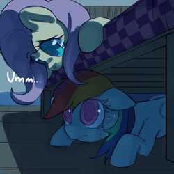 Size: 675x675 | Tagged: safe, artist:mewball, fluttershy, rainbow dash, pegasus, pony, g4, bed, caught, dialogue, female, hiding, mare, scared, sweat
