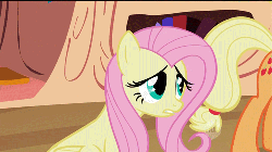 Size: 500x281 | Tagged: safe, screencap, applejack, fluttershy, pony, g4, lesson zero, animated, female, hub logo, looking at you, solo focus, talking, turned head