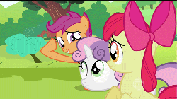 Size: 500x281 | Tagged: safe, screencap, apple bloom, scootaloo, sweetie belle, g4, lesson zero, animated, cutie mark crusaders, female, hub logo, insanity