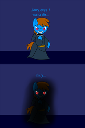 Size: 1024x1536 | Tagged: safe, oc, oc only, oc:sunnyside, pony, bipedal, blue background, clothes, colored pupils, comic, dark souls, female, filly, robe, simple background, solo