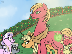 Size: 1024x768 | Tagged: dead source, safe, artist:theantsden, apple bloom, applejack, big macintosh, diamond tiara, silver spoon, earth pony, pony, g4, angry, apple siblings, applebuse, big brother, big brother instinct, big sister instinct, bullying, crying, glasses, impossibly long neck, male, nope.avi, protecting, stallion