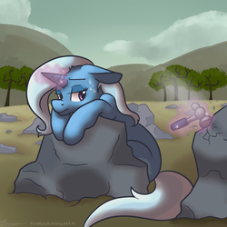 Size: 1000x1000 | Tagged: safe, artist:thundershock0823, trixie, pony, unicorn, g4, female, hammer, magic, mare, rock farm, solo, sweat