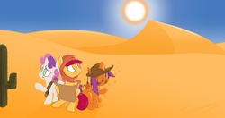Size: 2073x1093 | Tagged: safe, artist:extremeasaur5000, apple bloom, scootaloo, sweetie belle, earth pony, pony, g4, cactus, cutie mark crusaders, desert, map, sun