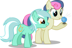 Size: 1092x731 | Tagged: safe, artist:lumorn, bon bon, lyra heartstrings, sweetie drops, parasprite, pony, g4, swarm of the century, biting, female, gift giving, lesbian, ship:lyrabon, shipping, simple background, this will end in tears, this will not end well, tongue bite, transparent background, vector