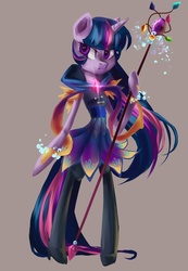 Size: 2044x2946 | Tagged: safe, artist:my-magic-dream, twilight sparkle, pony, g4, bipedal, clothes, dress, female, pixiv, simple background, solo, staff