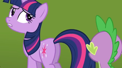 Size: 850x471 | Tagged: safe, screencap, spike, twilight sparkle, g4, butt, out of context, plot