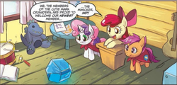 Size: 674x324 | Tagged: safe, idw, official comic, apple bloom, imp the mimicker, scootaloo, sweetie belle, mimicker, g4, spoiler:comic