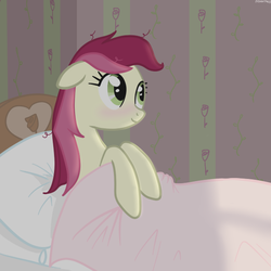 Size: 600x600 | Tagged: safe, artist:hudoyjnik, roseluck, earth pony, pony, g4, bed, blanket, blushing, cute, female, floppy ears, lying down, mare, messy mane, morning, morning ponies, on back, pillow, rosabetes, smiling, solo, waking up