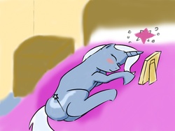 Size: 1024x768 | Tagged: safe, artist:neokiva, trixie, pony, unicorn, g4, bed, blushing, female, lesbian, mare, picture, ship:twixie, shipping, sleeping, solo